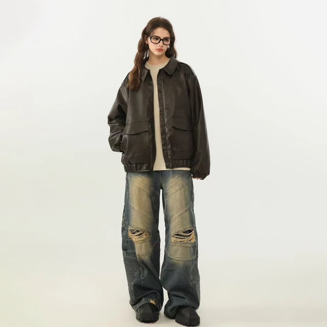 美式高街PU皮衣棉服男女潮夹棉冬季痞帅机车外套-1400