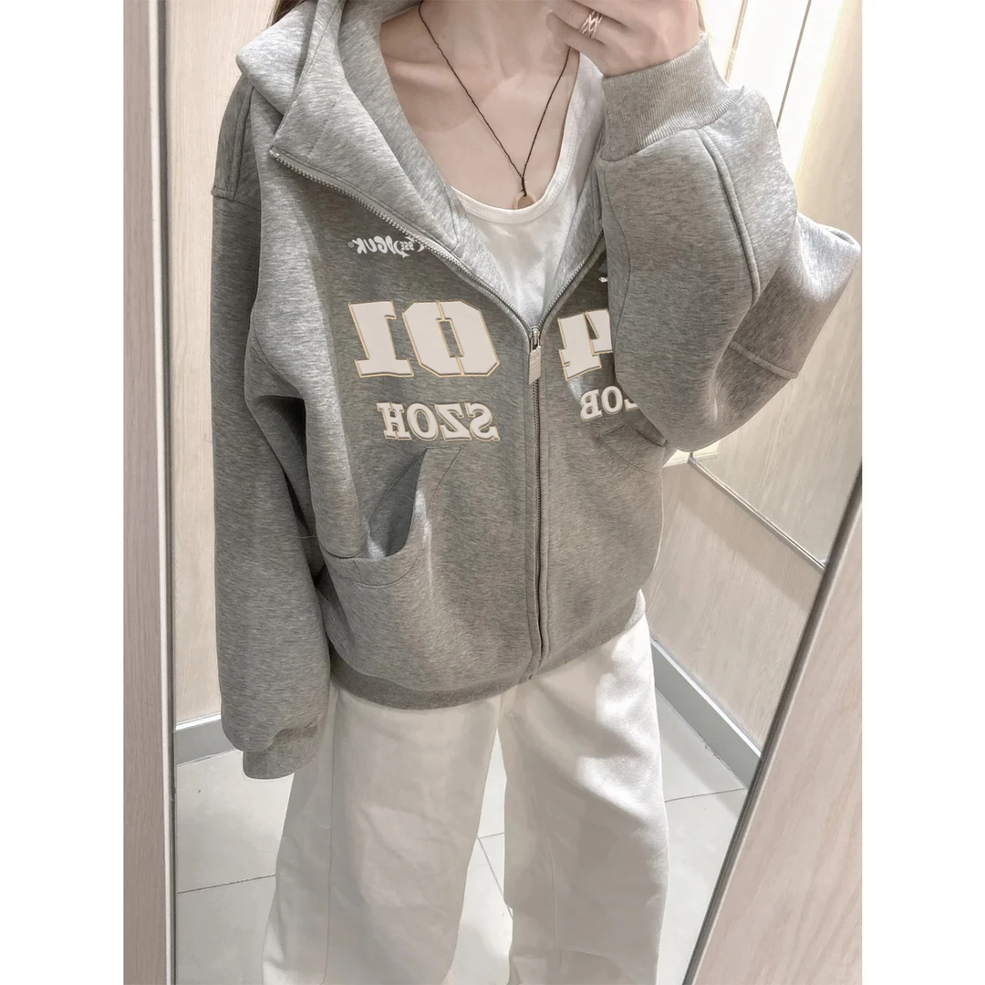 美式设计感潮牌字母印花开衫高领连帽卫衣男女秋冬季百搭拉链外套