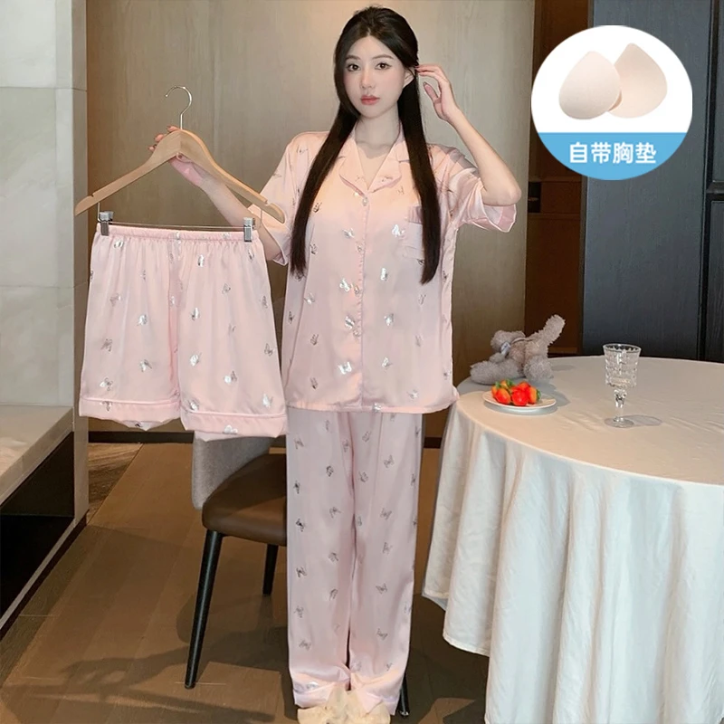 2025夏季休闲高级可外穿新款宽松冰雪丝短袖三件套带胸垫甜美套装