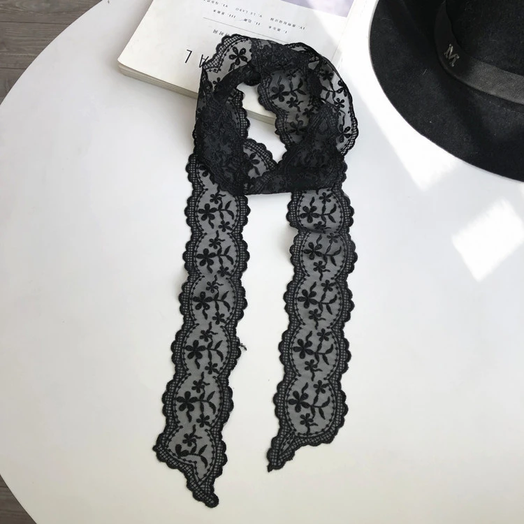 黑色纯欲蕾丝飘带女细窄长条小丝巾春夏超仙发带绑发绑包腰带领巾