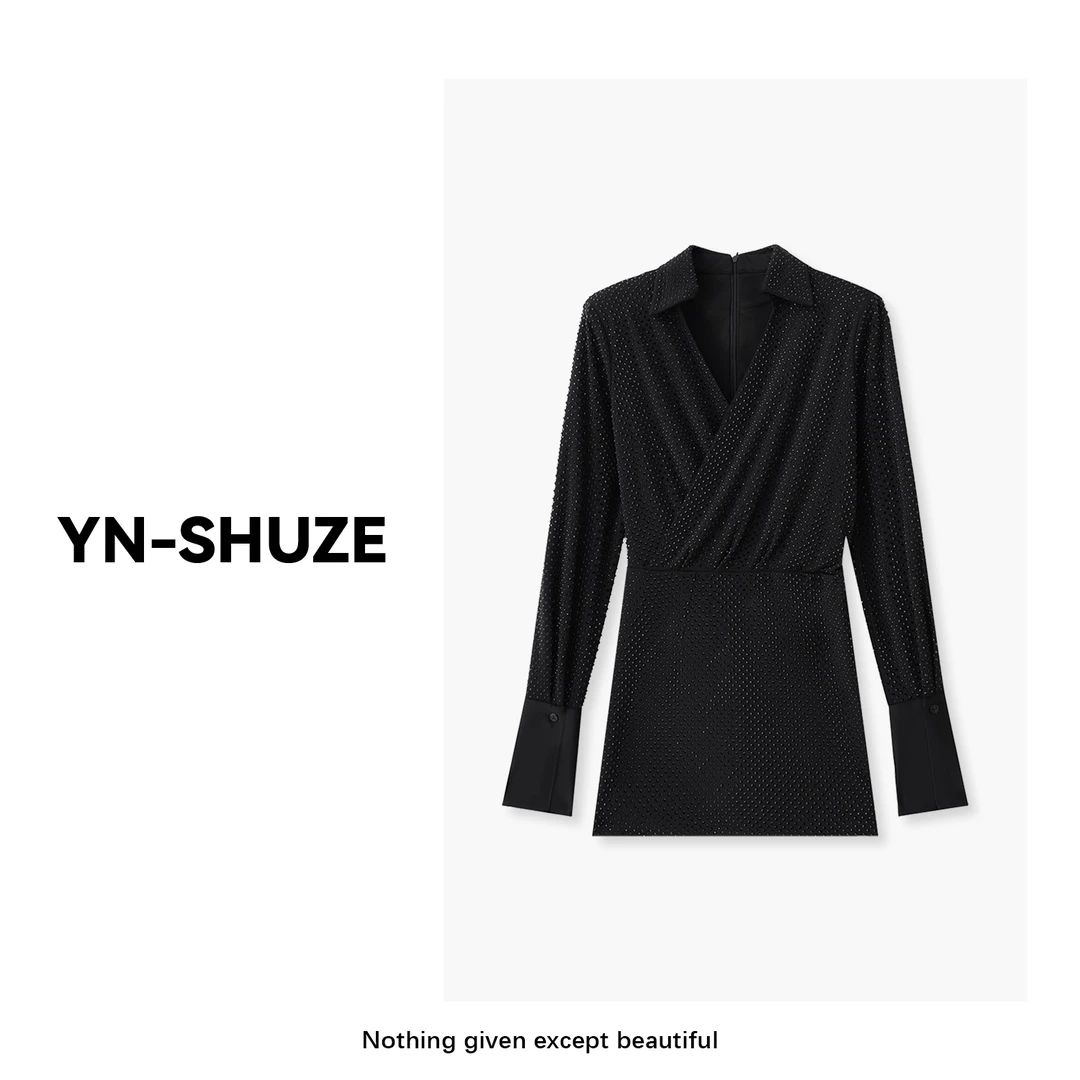 【钻石晚宴】设计感气质嵌钻翻领长袖连衣裙SZ-YNB-L318