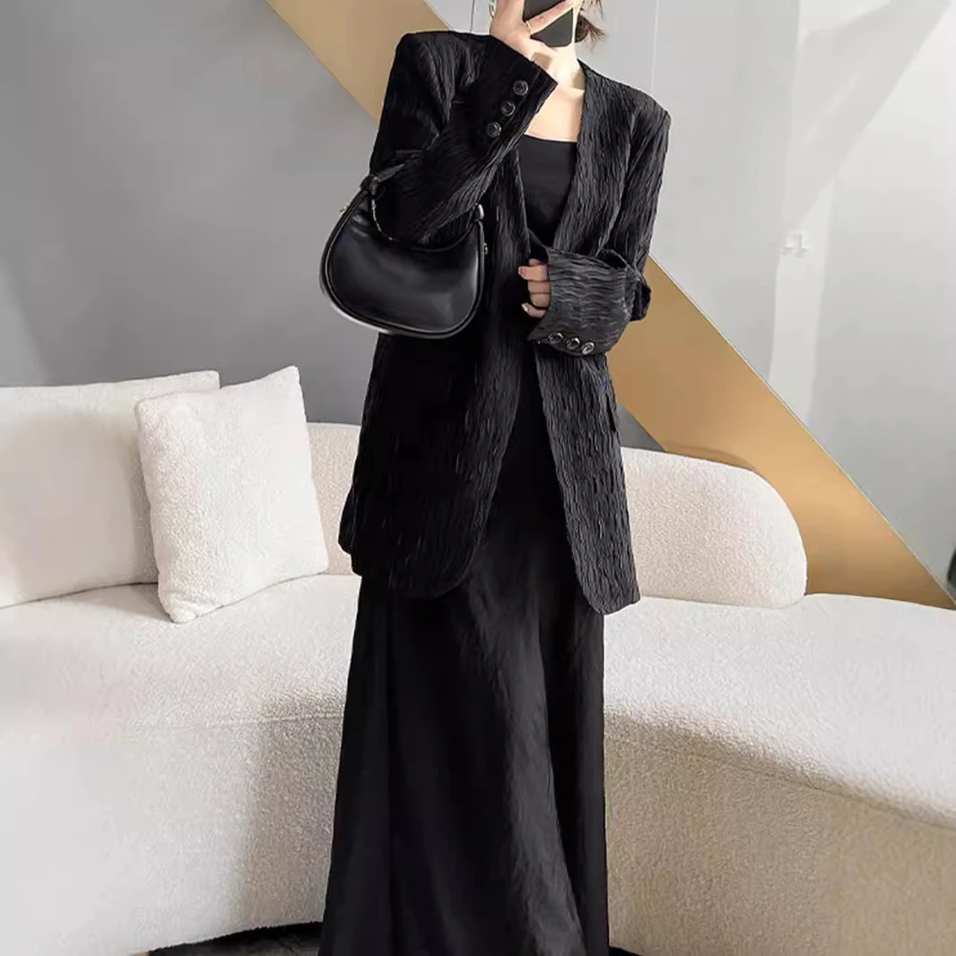 2025春秋新款大码女装黑色V领西装外套胖mm吊带裙西服两件套200斤