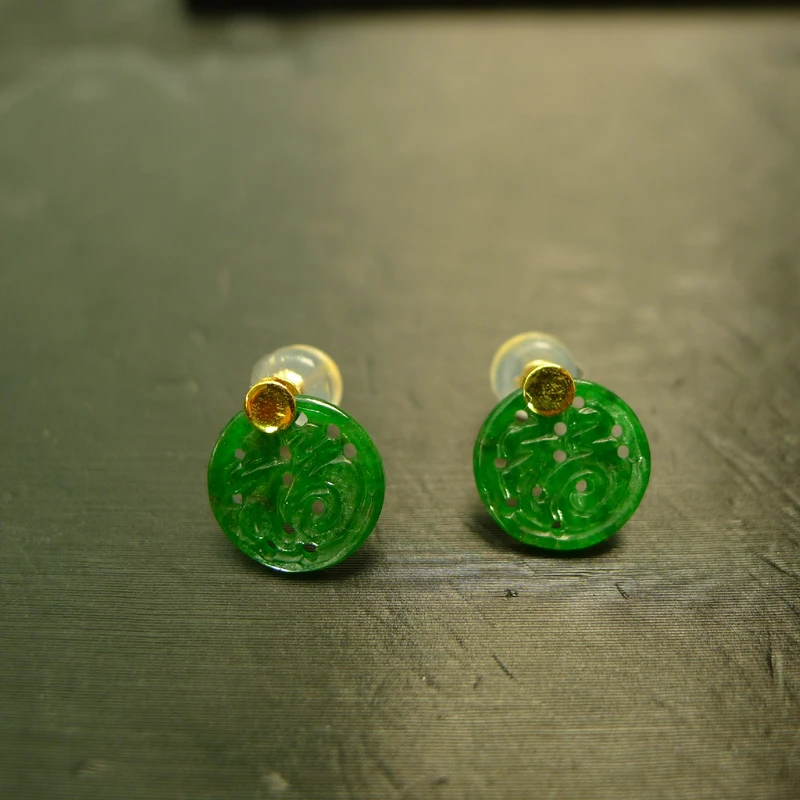 #I225 18K金镶嵌老坑满绿天然A货翡翠镂空圆形福字耳钉耳饰