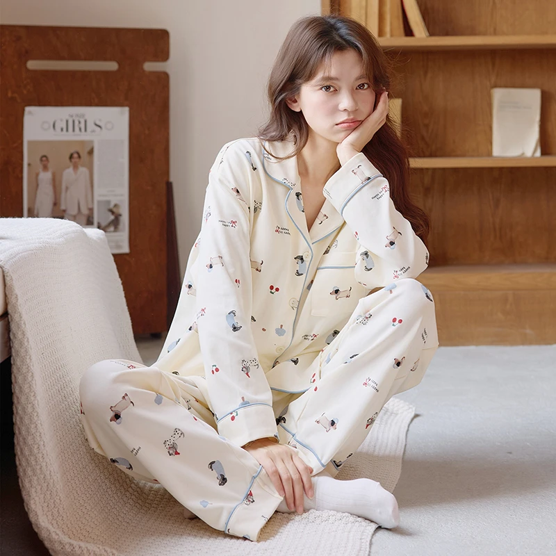 纯棉秋冬女睡衣套装舒适宽松休闲家居服轻奢不褪色可外穿不起球