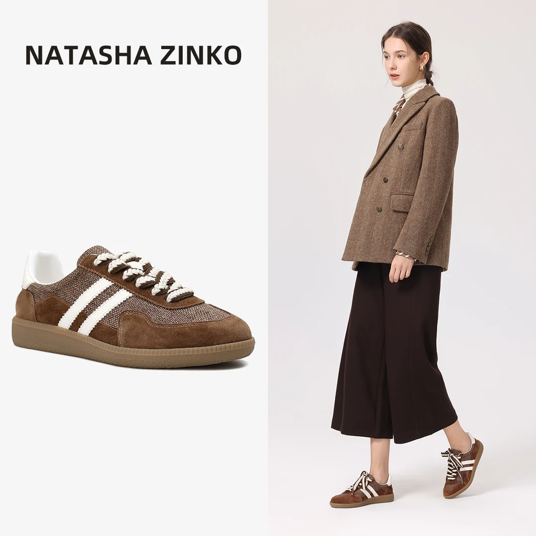 H06513 复古拼色德训鞋女2025早春新款真皮拼接系带休闲鞋