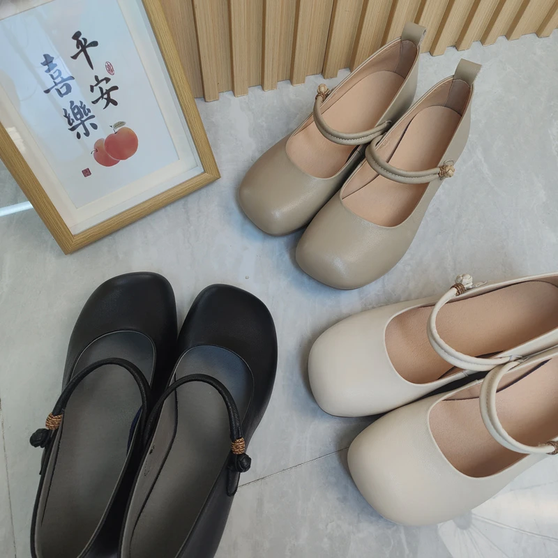 25206真皮女鞋2025春季新款圆头粗跟软底软面简约气质单鞋跳舞鞋