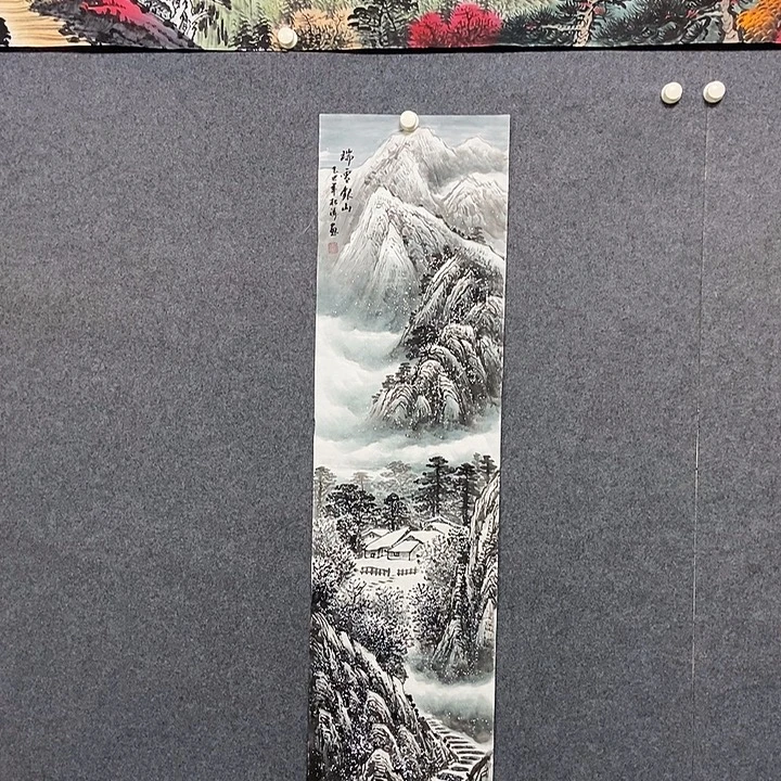 国画四尺对开竖条雪景一副