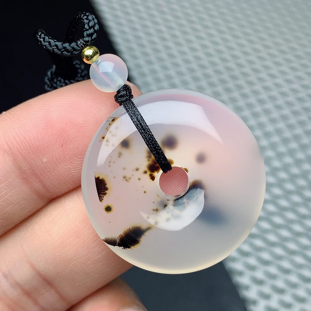 天然玛瑙水草花平安扣吊坠水墨画玉石挂件30.4/7.2mm