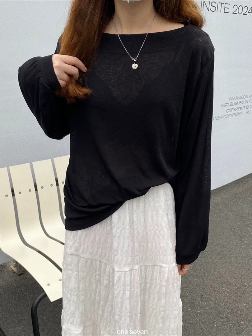 小妖精大码女装一字领微透视防晒T恤显瘦百搭naisi