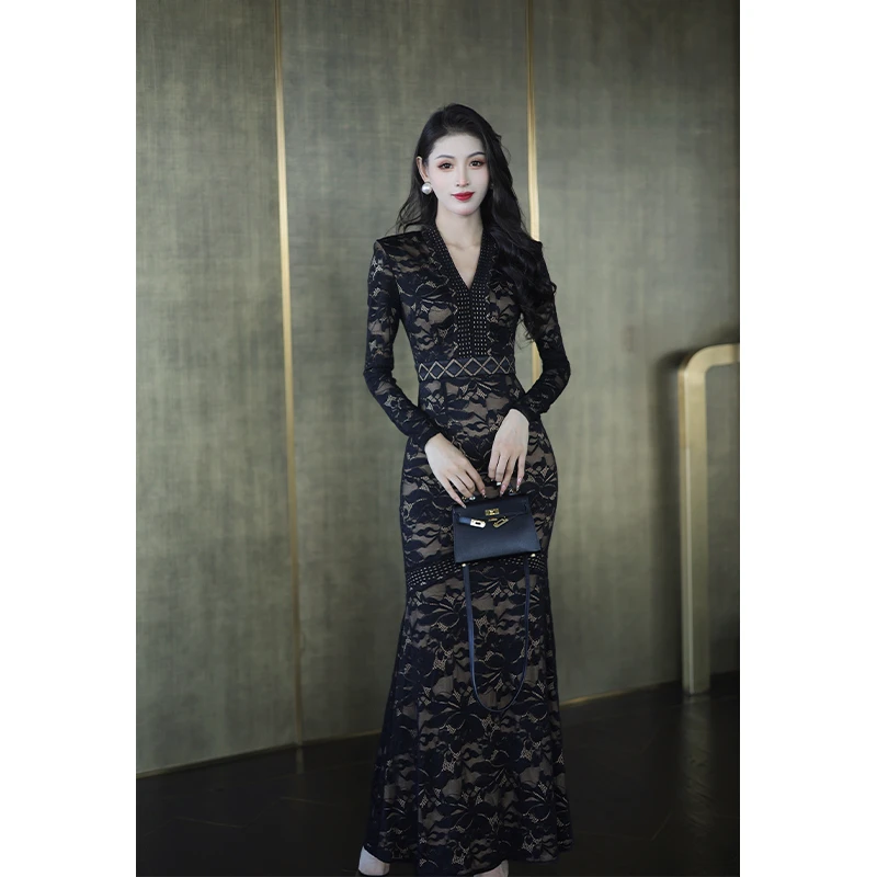 尤克菲儿 原创高定蕾丝气质优雅修身显瘦高腰包臀连衣裙