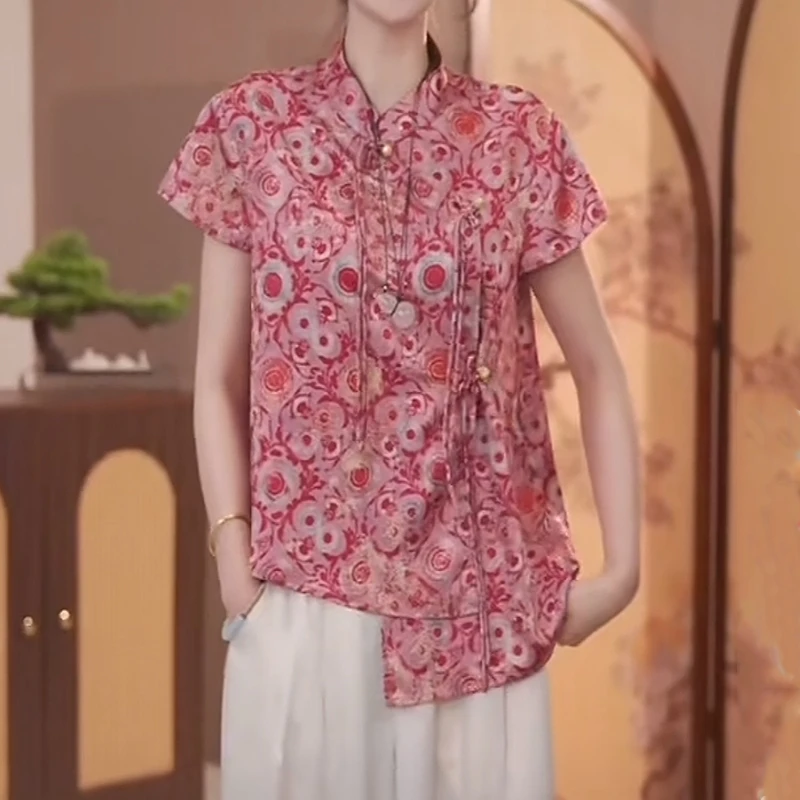 【嫣红】新中式国风立领斜开襟三盘扣长流苏气质提花上衣MCGSY091