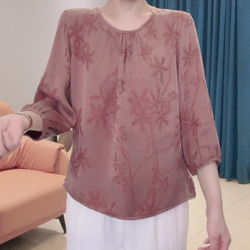 【简言】秋装新款七分袖宽松小衫圆领百搭洋气短款上衣