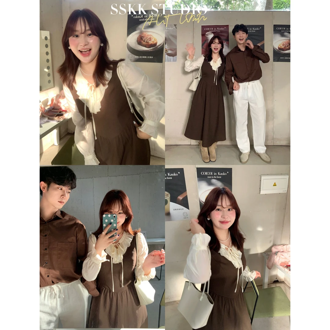 KMZY/KMZY山_山【韩女气场】微胖韩版温柔荷叶领系带假两件连衣裙女