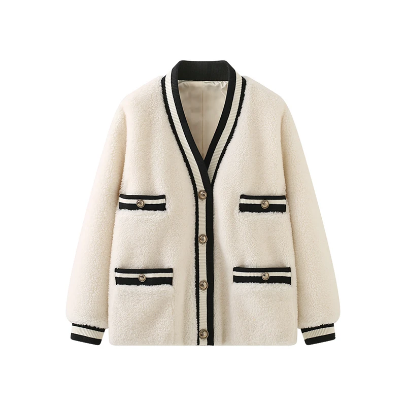 含绵羊毛！宽松舒适 简约气质仿羊羔毛v领显瘦短款通勤外套