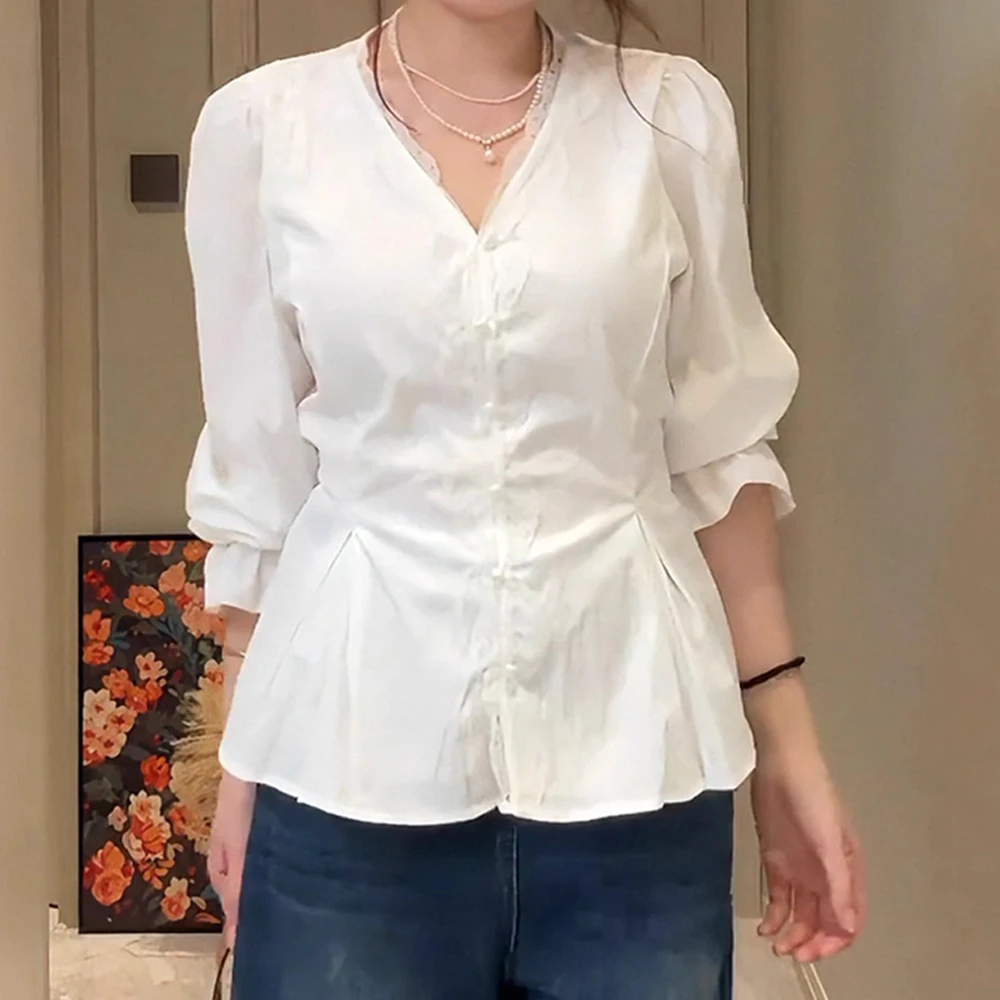 法式蕾丝V领白色衬衫女秋季新款胖MM大码女装收腰显瘦荷叶边上衣