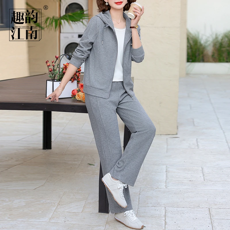 趣韵江南妈妈装洋气中老年女装时尚春季长袖运动服休闲风纯色套装