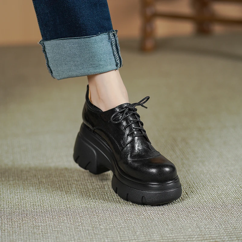 黑色百搭松糕厚底鞋复古圆头系带增高单鞋防水台深口休闲小皮鞋