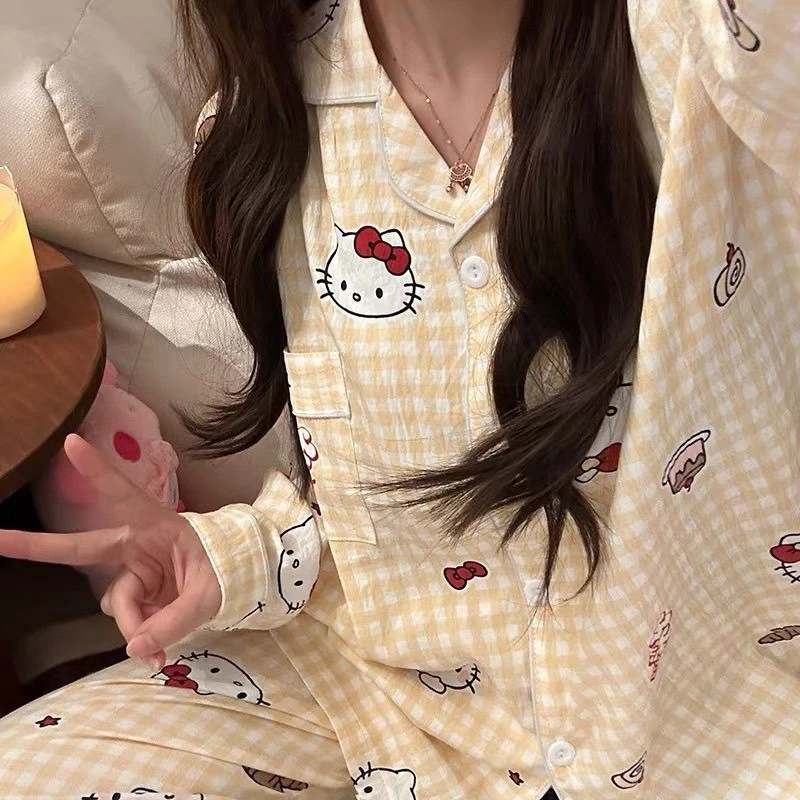 全棉时代断码睡衣ins可爱格子睡衣女新款卡通长裤长袖外穿春季居