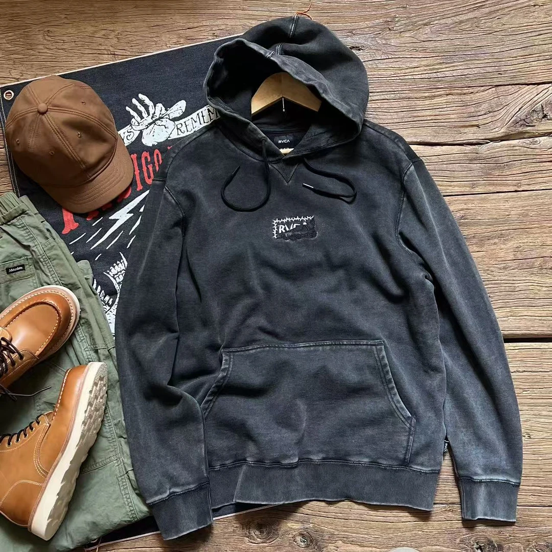 灰色加绒连帽卫衣帽衫男款时尚刺绣日常运动秋季男加绒卫衣