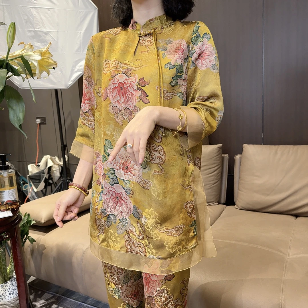 国色牡丹新中式木耳领纱边轻薄上衣