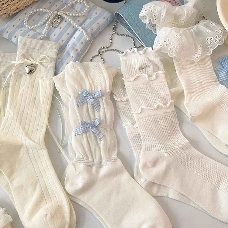 蝴蝶结袜子女中筒袜夏季薄款棉花边日系少女jk白色芭蕾风长筒袜JY