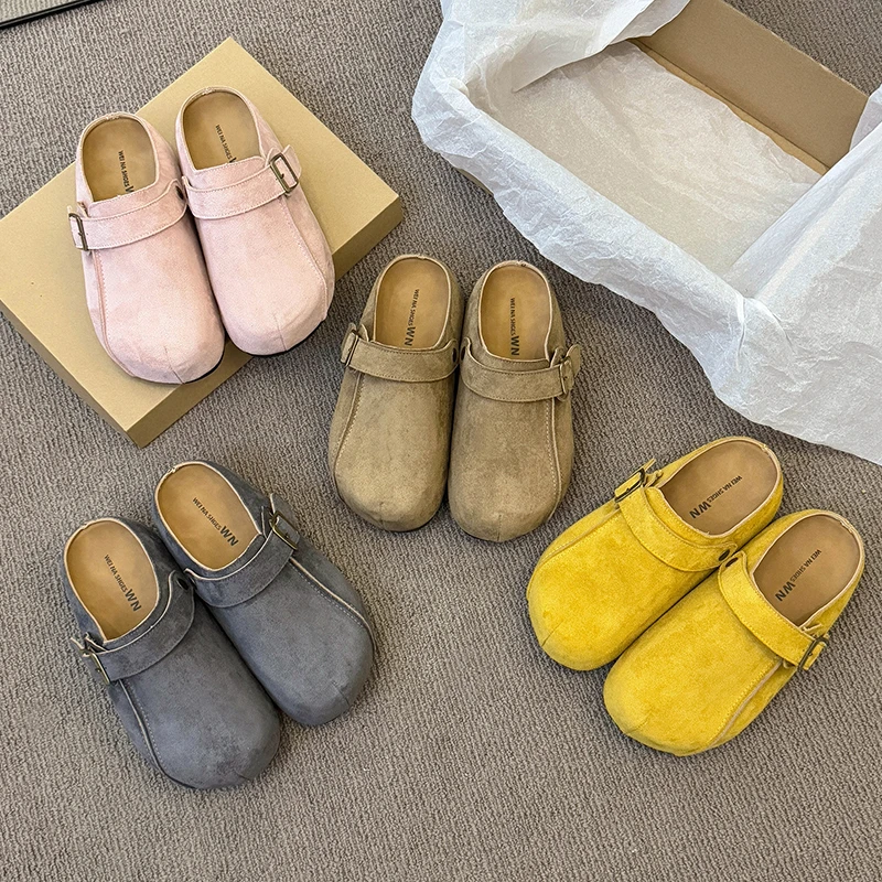 【外贸原单】反绒皮面复古勃肯包头拖鞋女2025春夏新款厚底百搭两穿