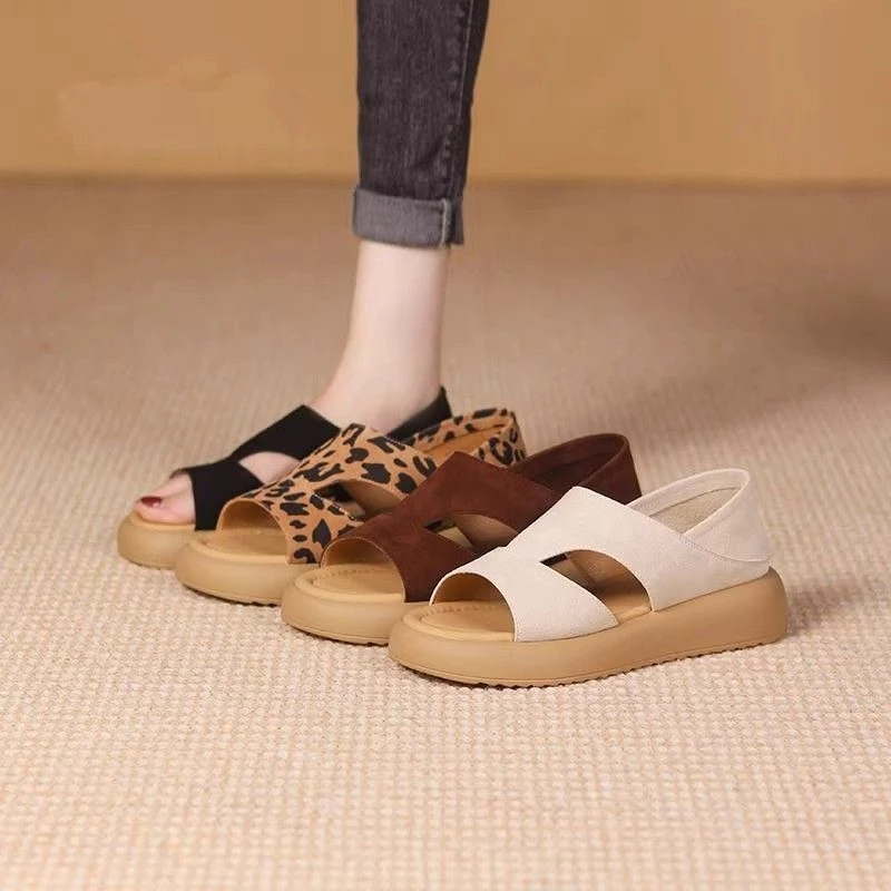 夏季2025新款露趾真皮运动凉鞋舒适时尚复古平底防滑休闲鞋女