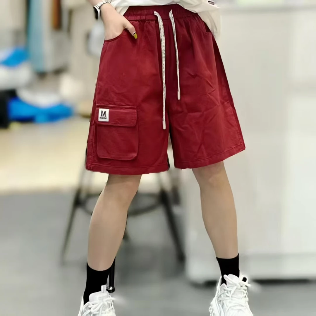 夏季新弹力抽绳高腰宽松休闲女士五分裤时尚显瘦百搭简约水洗短裤