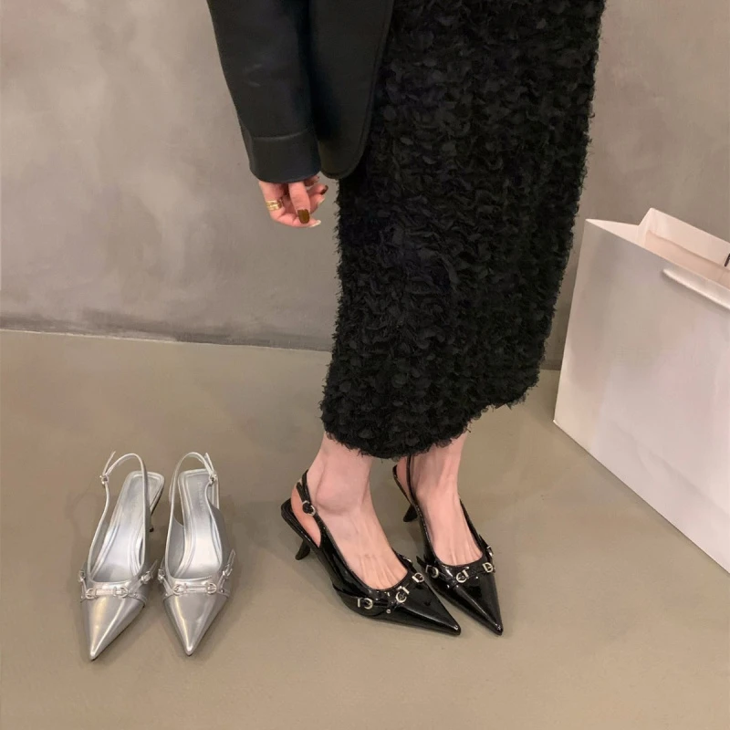 法式细跟黑色包头凉鞋仙女鞋子2025新款春夏季银色单鞋尖头高跟鞋