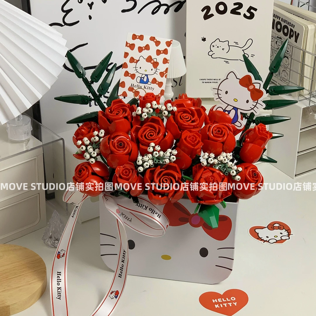 2025新款KT积木花束抱抱桶永生玫瑰花拼装摆件系列女 情人节礼物