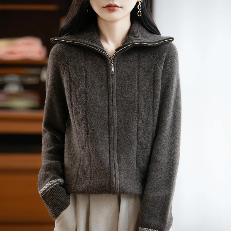 秋冬100%纯羊毛开衫女高领加厚绞花双拉链外套宽松休闲上衣ZM156
