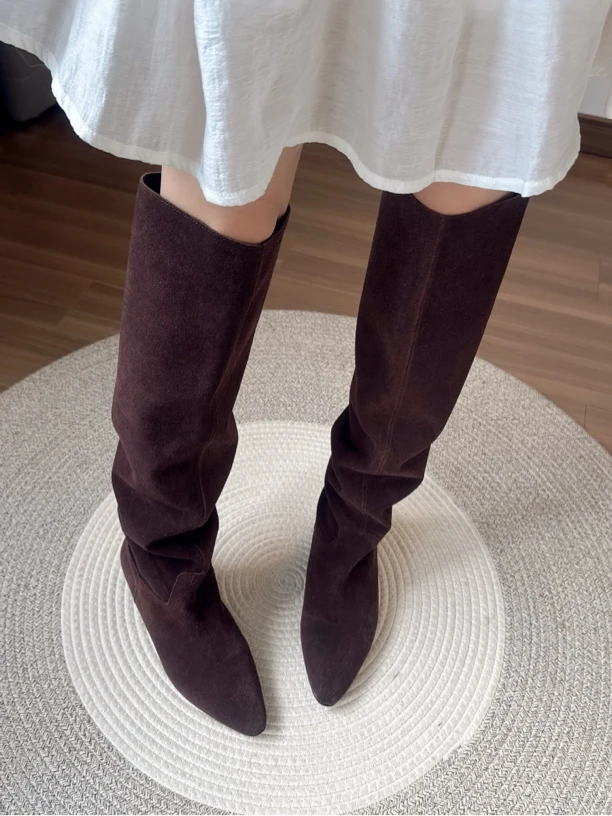 Sweet-7真皮磨砂低跟小方头堆堆靴烟灰色不过膝长靴显瘦直筒靴女