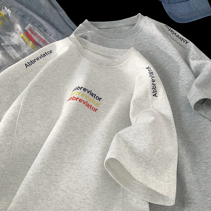 刺绣重磅解构短袖t恤男夏季美式hiphop潮牌半袖情侣宽松五分中袖