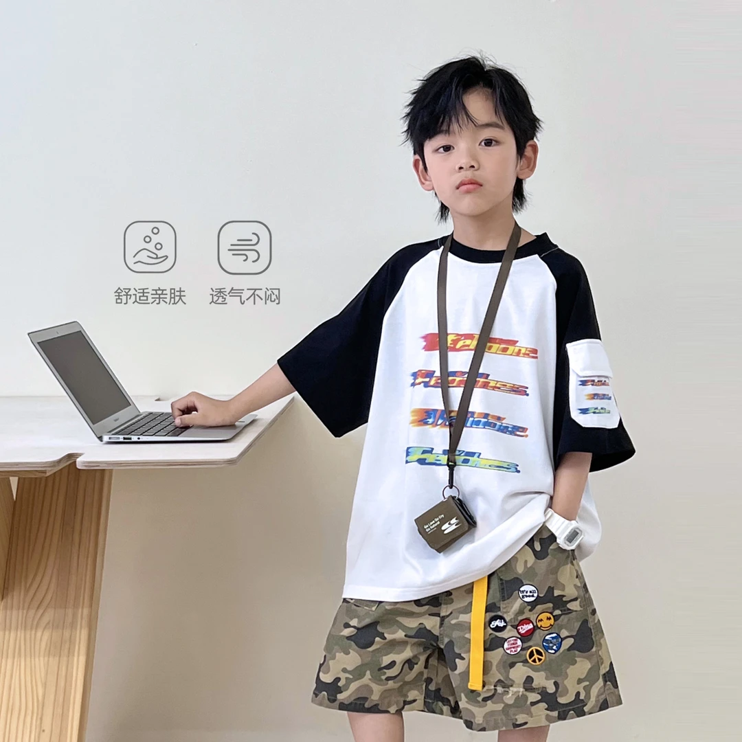 童装男童拼色短袖T恤夏装插肩袖中大童半袖t恤打底 505765O5