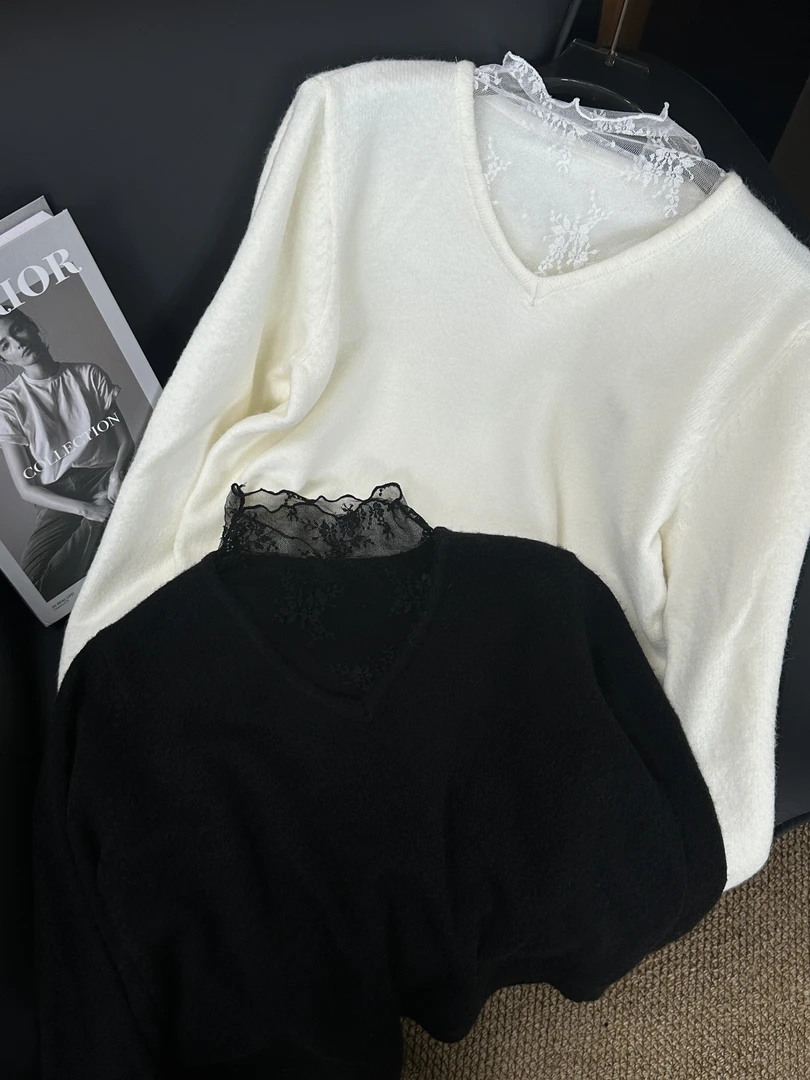 柚里【北国雪夜】南油欧货女装纯欲拼接蕾丝毛针织衫打底内搭上衣