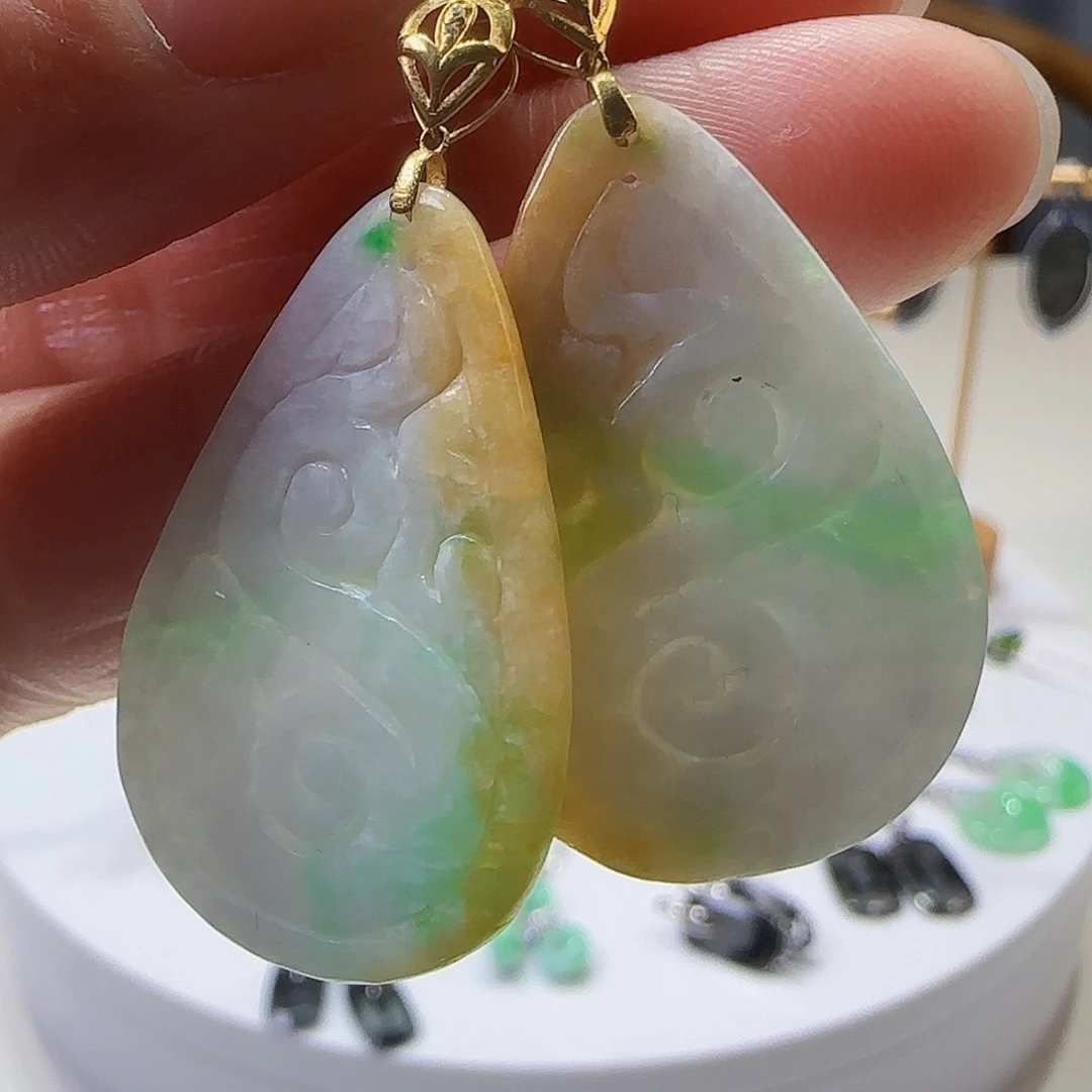 翡翠耳饰18K金镶嵌天然缅甸a货翡翠