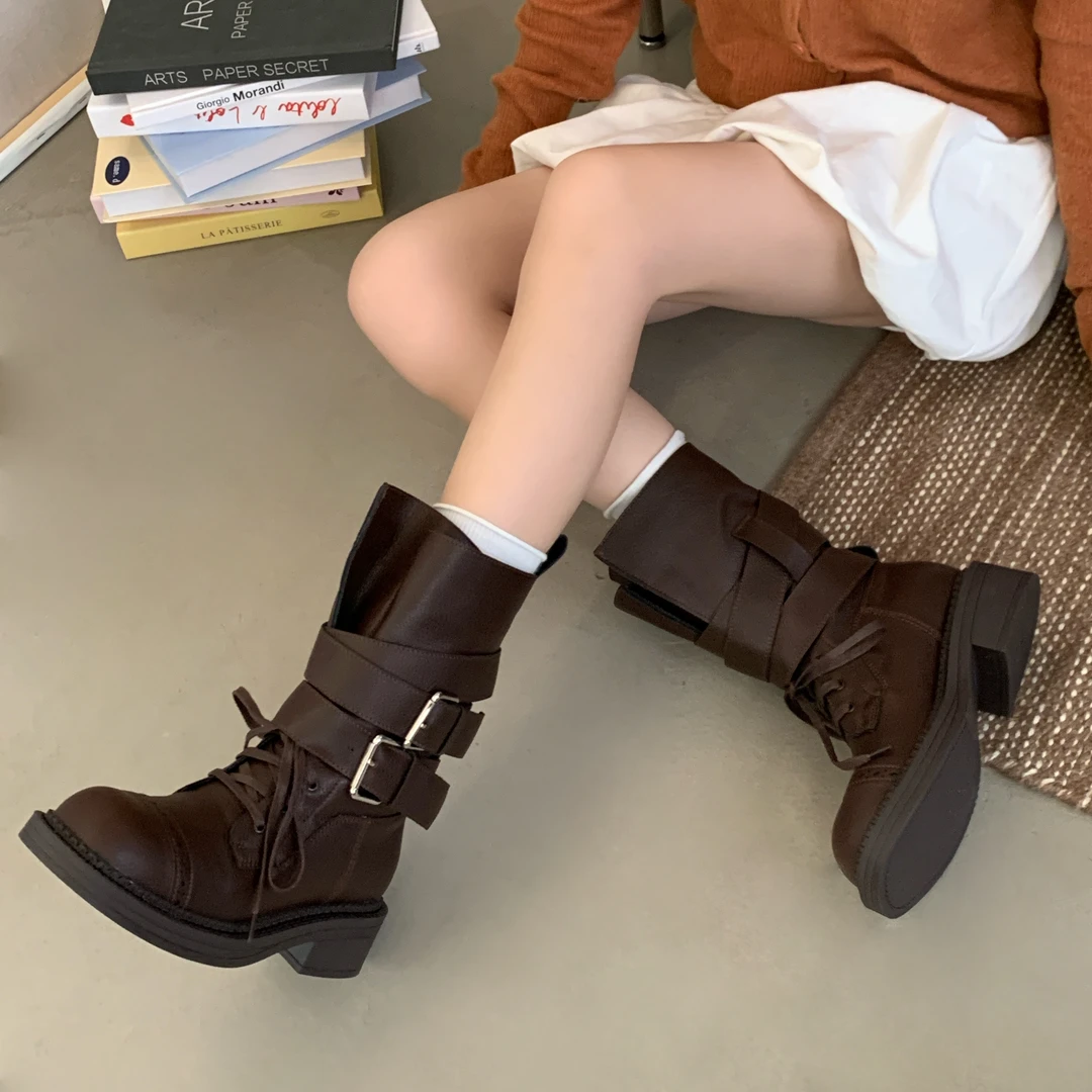骑士靴女2025秋冬西部靴堆堆靴皮带扣粗跟尖头短靴中筒靴子马丁靴