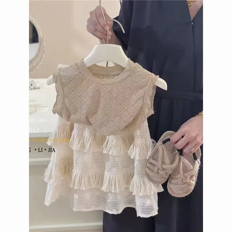 夏季新款女童蕾丝背心流苏半裙两件套女宝宝提花无袖裙子套装爆款