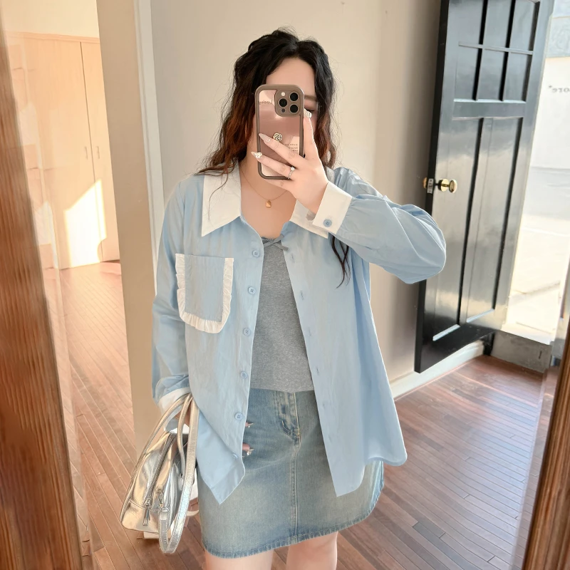 DC7200大码女装【韩系街头穿搭】夏季拼色设计感宽松防晒长袖衬衫