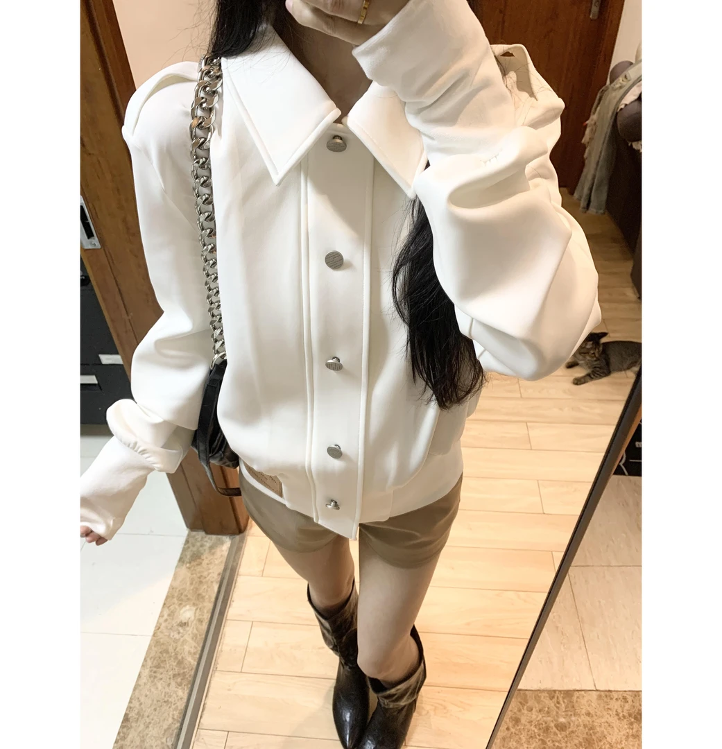 复古白色立领收腰短款外套女2025秋季设计感修身显瘦机车夹克上衣