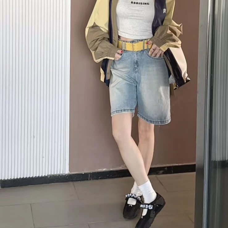 ODUOER【实体同款】黄腰带重工洗水牛仔五分裤女百搭高腰阔脚短裤