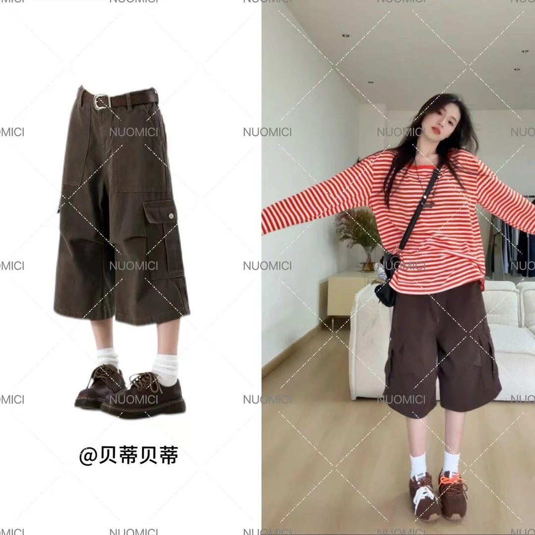 美式复古伞兵工装五分裤夏季机能风宽松休闲大口袋直筒阔腿牛仔裤