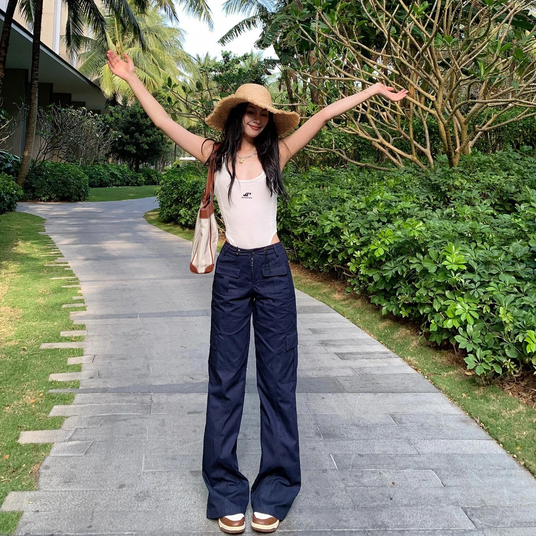 RNBN新款复古腰部可调节多口袋拼接设计直筒裤宽松舒适百搭休闲裤