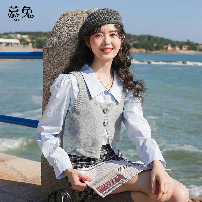 【咕咕家专属】TU20768法式针织马甲长袖衬衫叠穿背心上衣两件套