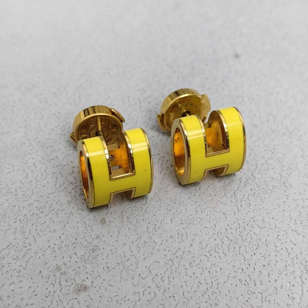 95新 Hermes/爱马仕 爱马仕h耳钉黄色金边中号 12191515