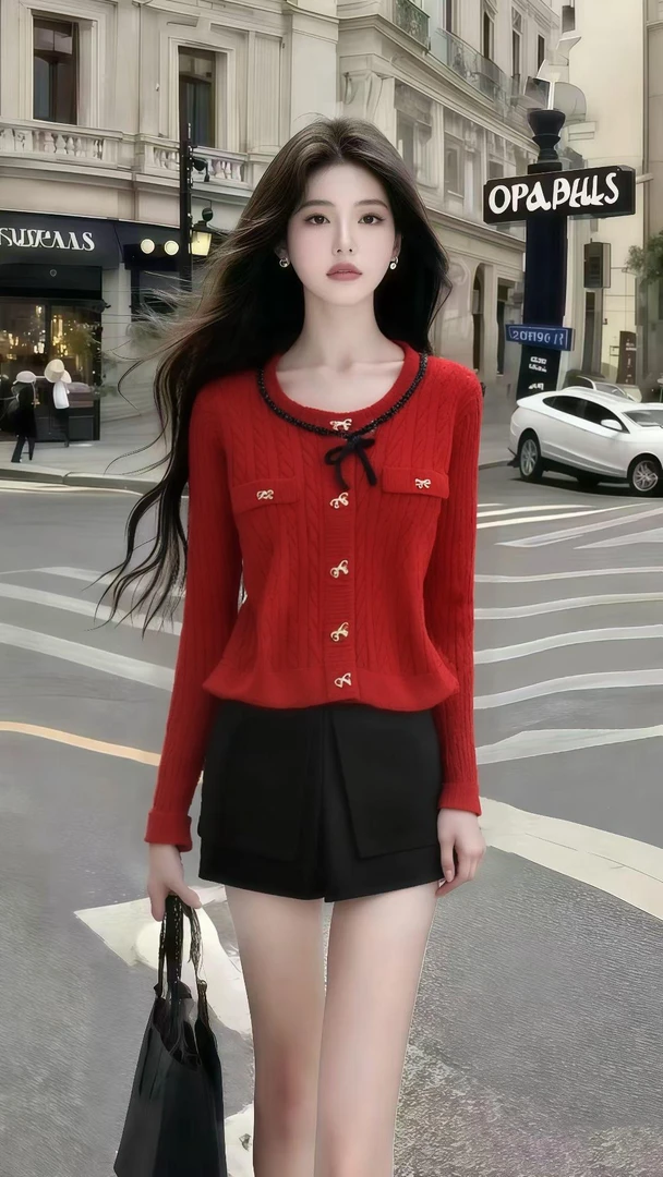 法式秋季新款红色圆领长袖单排扣设计针织毛衣+黑色百搭短裤女