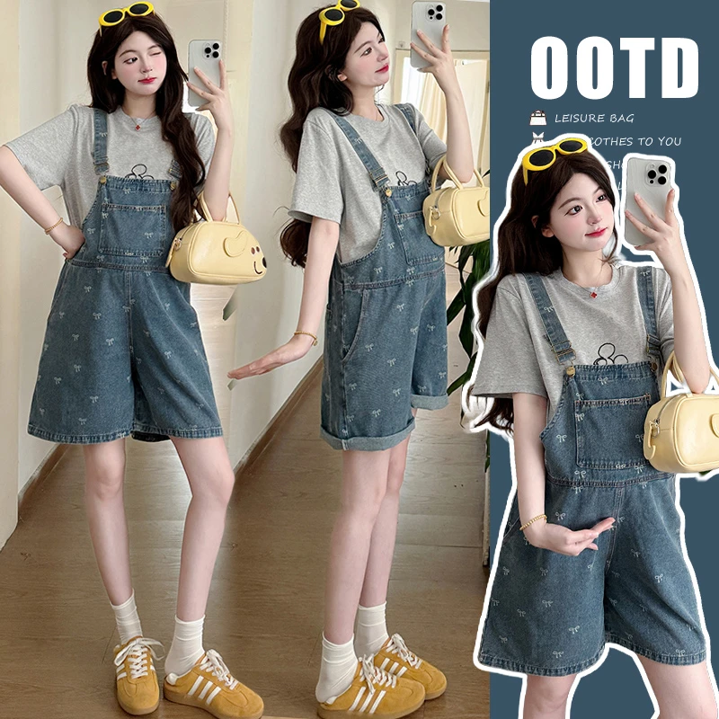 孕妇背带裤2025夏季新款牛仔短裤蝴蝶结显瘦减龄两件套潮妈套装