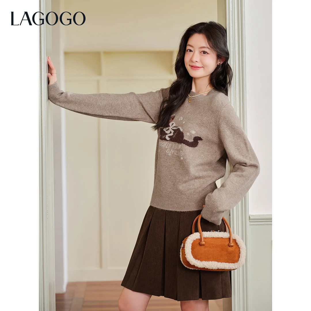 【芋总专属】lagogo新款含羊毛驼色小猫松弛感针织女OCMM479G98
