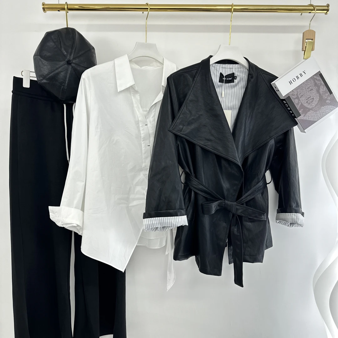 长袖系带绑带秋季复古港风皮衣时尚黑色收腰机能风