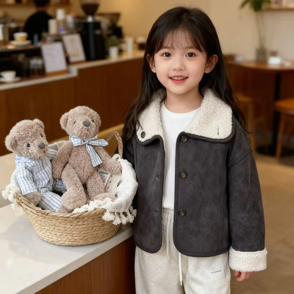 两面穿加绒外套女童冬季翻领保暖女大童加厚鹿皮绒外套百搭